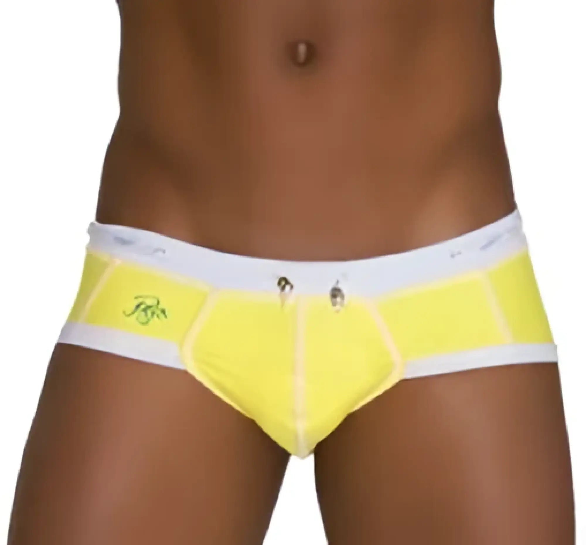 Bright yellow icker sea cord contrast trim and stitching bikini swimwear briefs with white waistband and subtle logo detailing