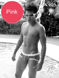 Pink icker sea cord bikini swimwear with white contrast trim and subtle stitching pattern for beachwear