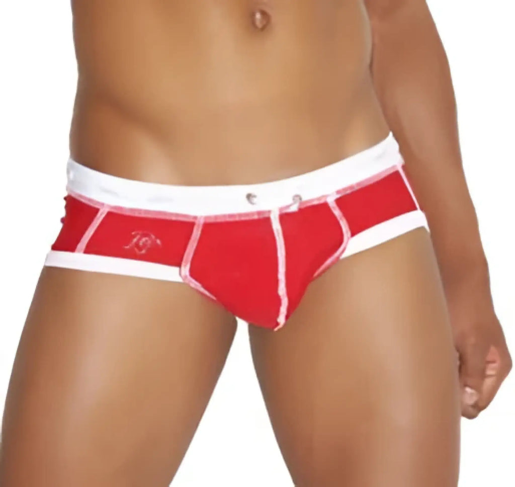 Icker Sea Cord contrast trim and stitching bikini swimwear red white sleek form fitting athletic briefs front view