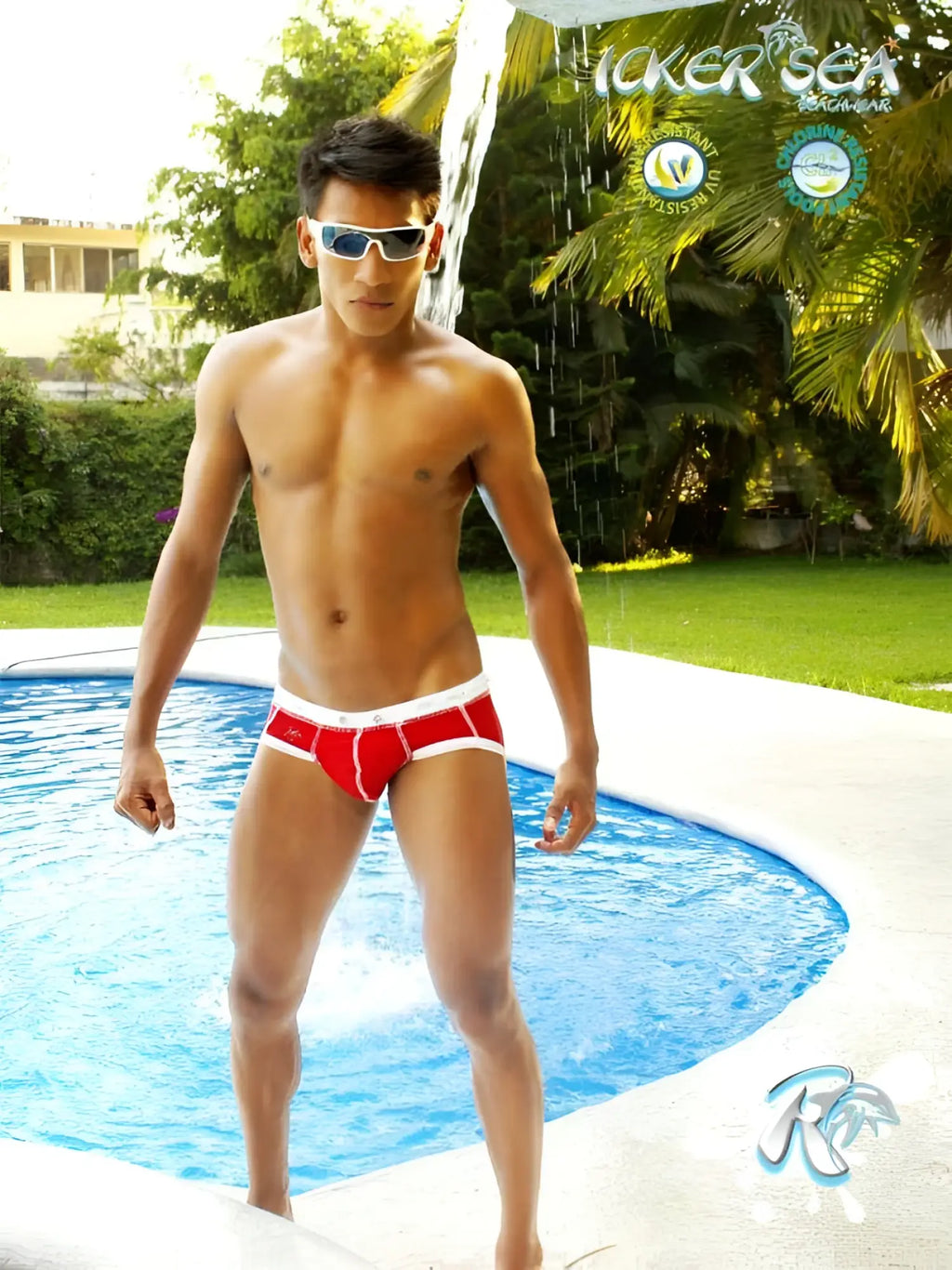 Red swim trunks with white contrast trim and stitching from icker sea cord bikini swimwear collection