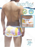 Icker Sea crayons square cut trunk swimwear with colorful patterned fabric and white waistband and trim