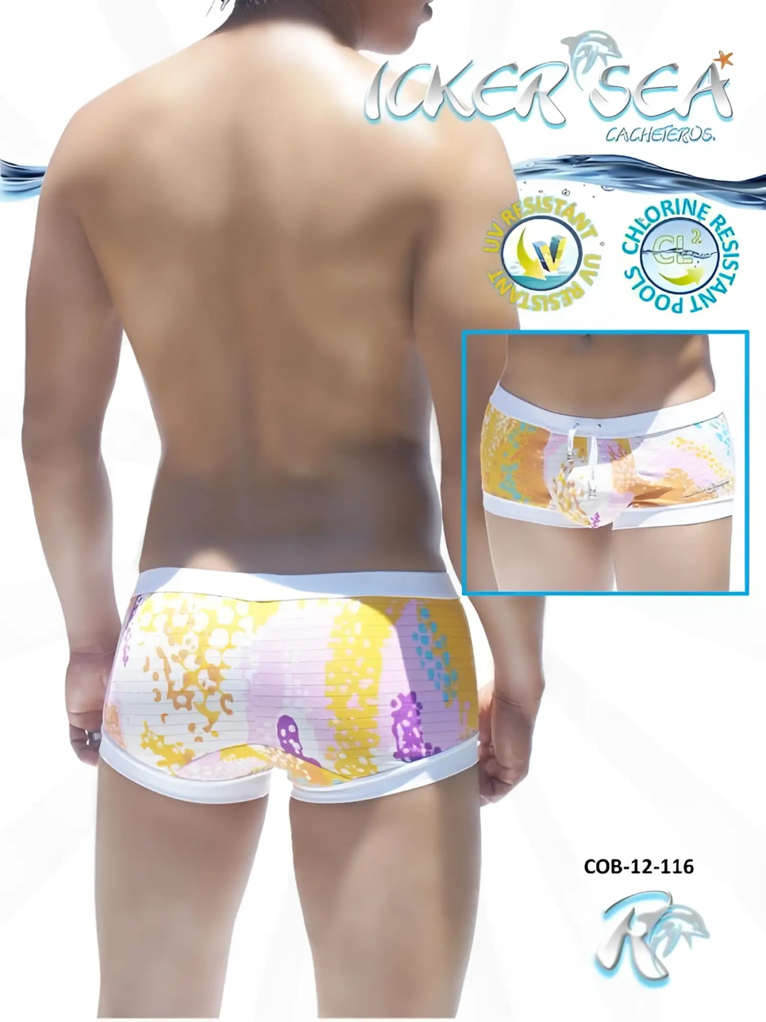 Icker Sea crayons square cut trunk swimwear with colorful patterned fabric and white waistband and trim