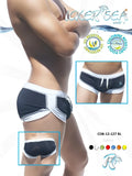 Icker Sea curved hemline U shorts square cut trunk swimwear black with white panels and a drawstring waistband