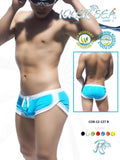 Icker Sea curved hemline u shorts bright blue and white swim trunks with turquoise side panels sporty design