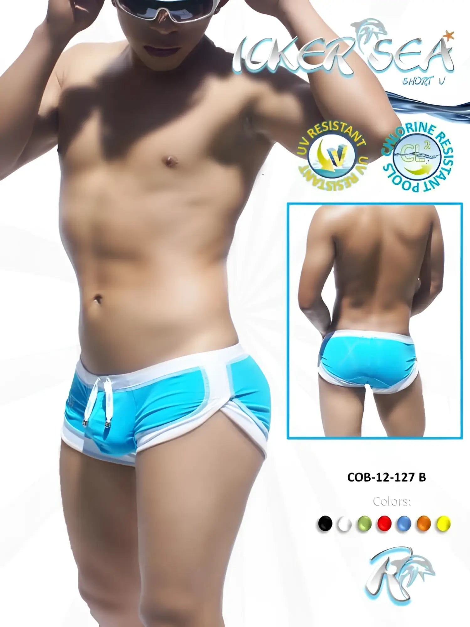 Icker Sea curved hemline u shorts bright blue and white swim trunks with turquoise side panels sporty design