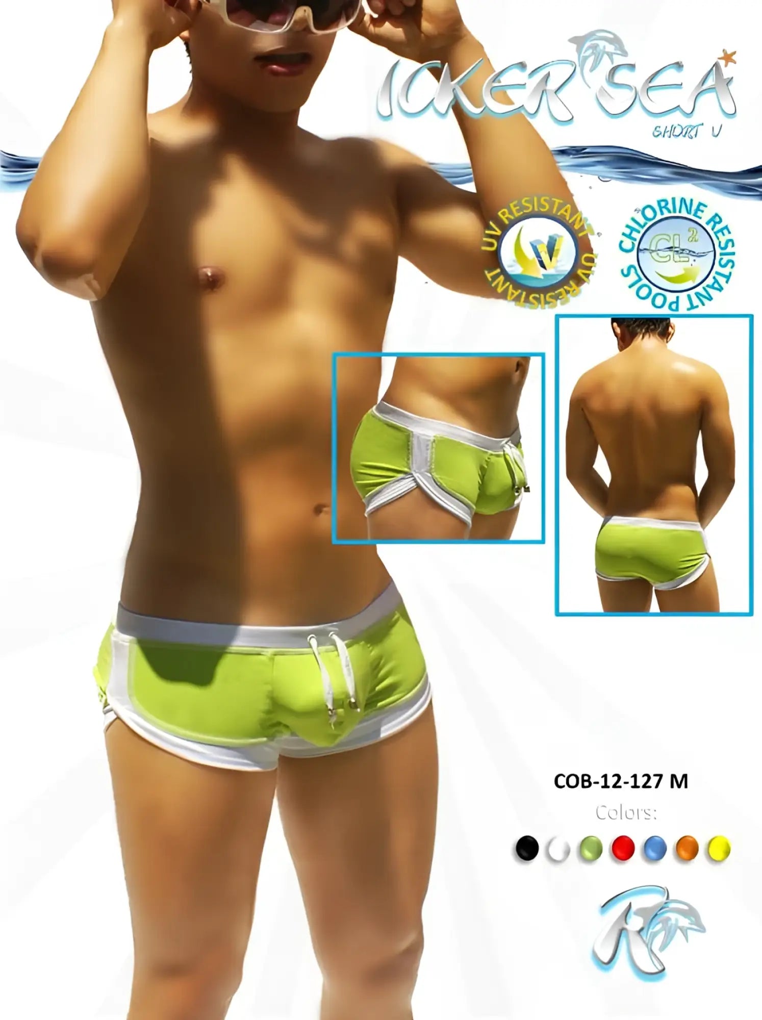 Icker Sea curved hemline u shorts bright lime green swim trunks with white trim and drawstring for swimwear use