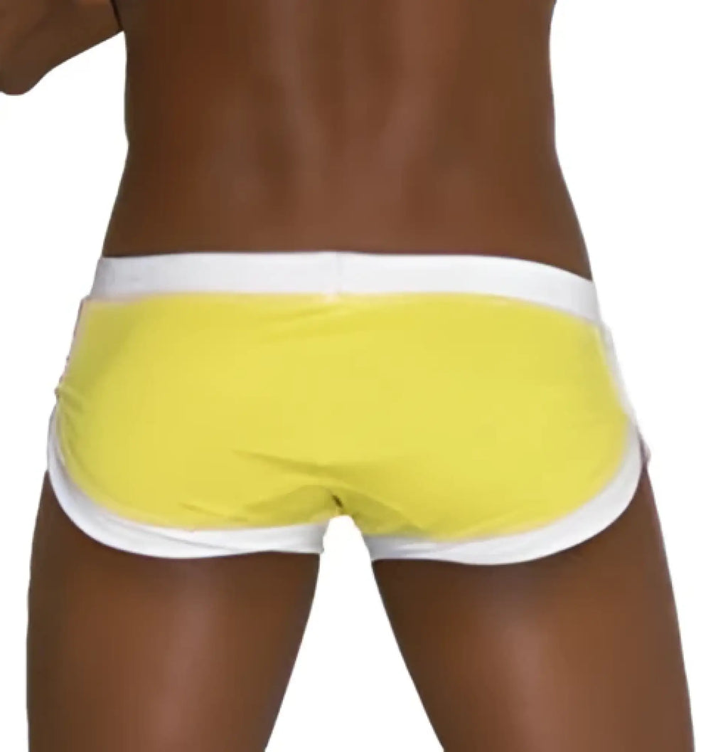 Bright yellow icker sea curved hemline u shorts with white trim square cut trunk swimwear mango cob-13-36