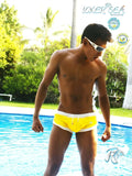 Icker Sea curved hemline u shorts mango yellow swim trunks with white trim and logo for beachwear