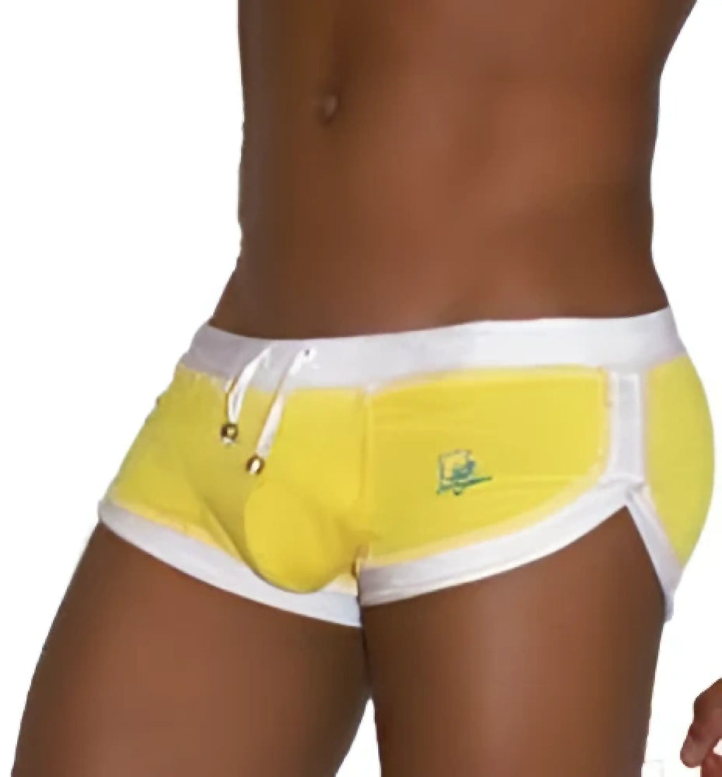 Icker sea curved hemline u shorts bright yellow swim trunks with white trim and logo on left leg for swimwear use