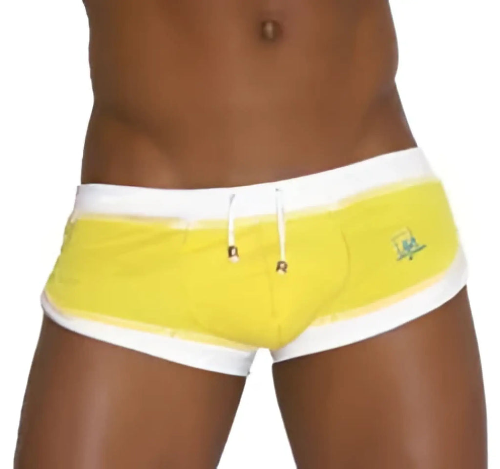 Icker sea curved hemline u shorts square cut trunk swimwear in bright yellow with white trim and green side logo