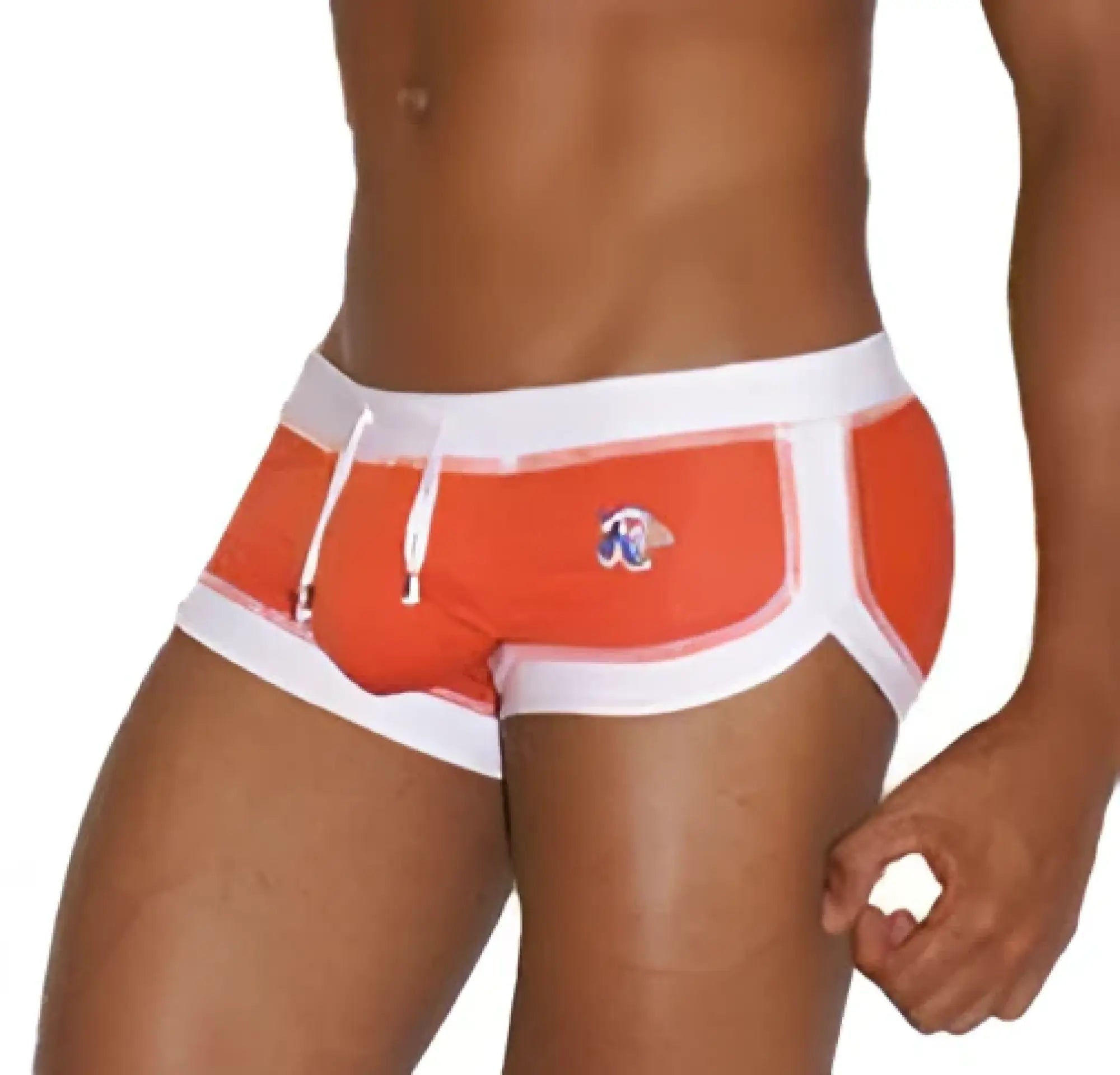 Icker Sea curved hemline u shorts swimwear in orange and white with a small logo on the left hip