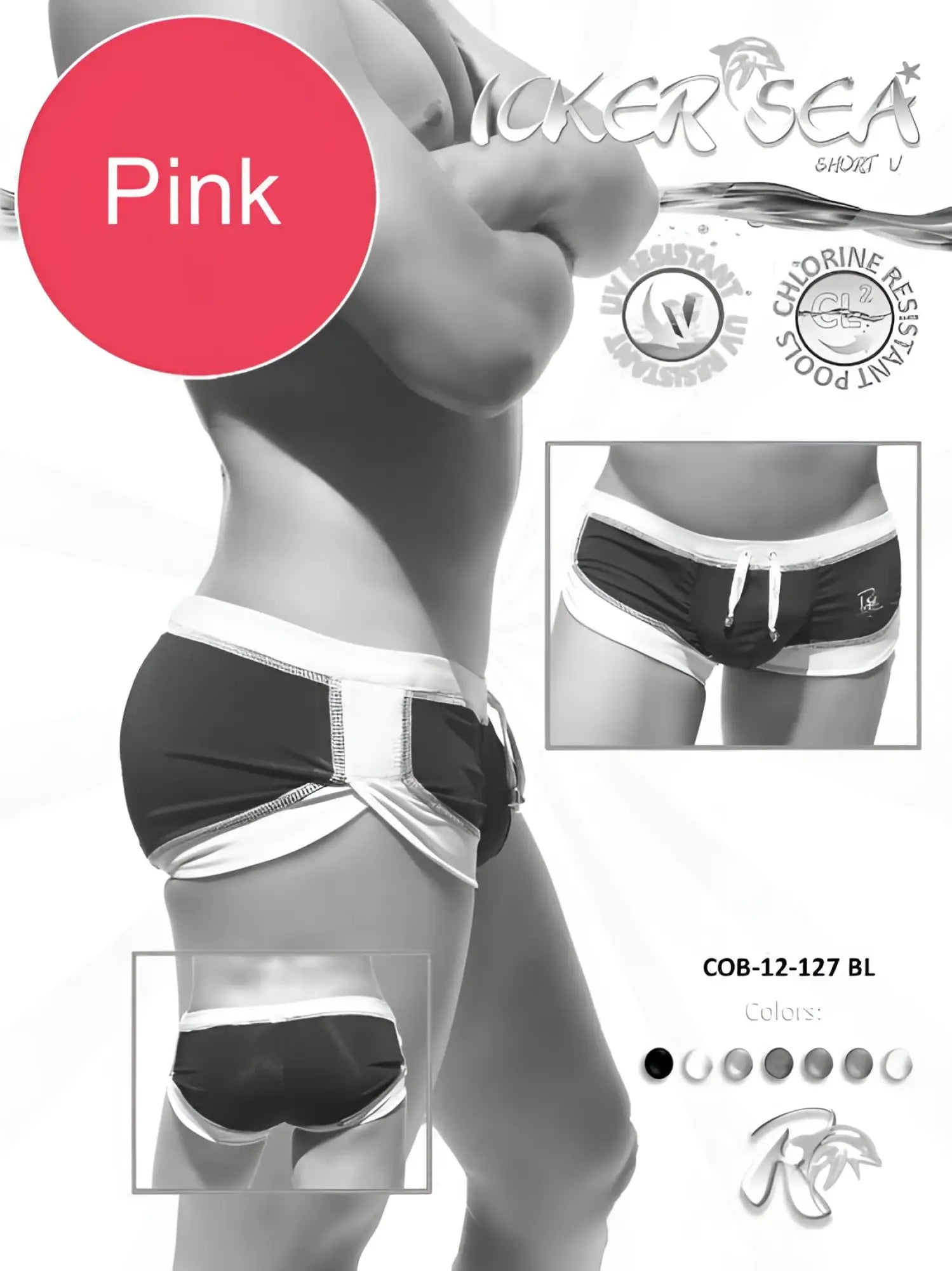 Icker Sea curved hemline u shorts square cut swim trunks in pink and black with white trim for swimwear use