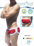 Icker Sea curved hemline u shorts square cut red swim trunks with bold red front panel and white trim and side panels