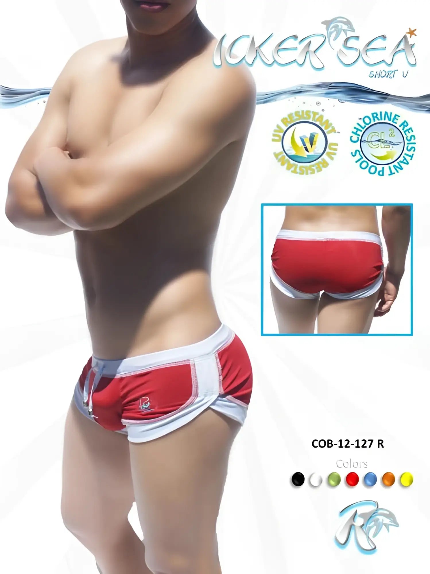 Icker Sea curved hemline u shorts square cut red swim trunks with bold red front panel and white trim and side panels