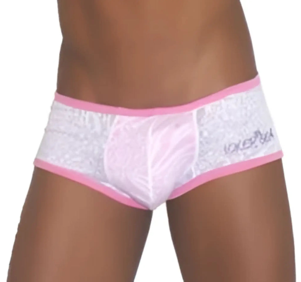 Men’s pink and white lace-trimmed boxer briefs with subtle pattern and icker sea branded waistband for everyday wear