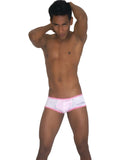 White lace trimmed boxer briefs with pink elastic waistband and jokerpunk logo in pink white by icker sea