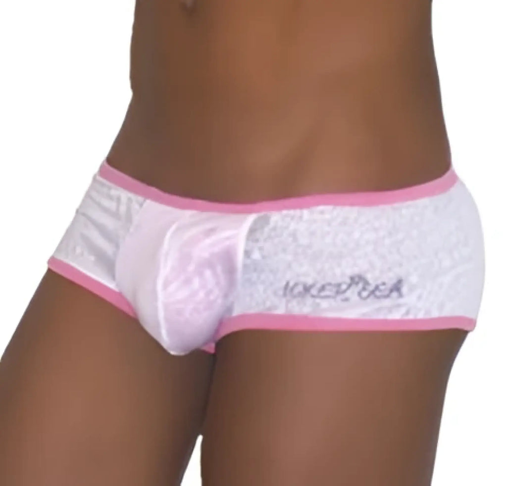 White satin boxer briefs with pink trim and sparkling sweet design from icker sea devoured collection