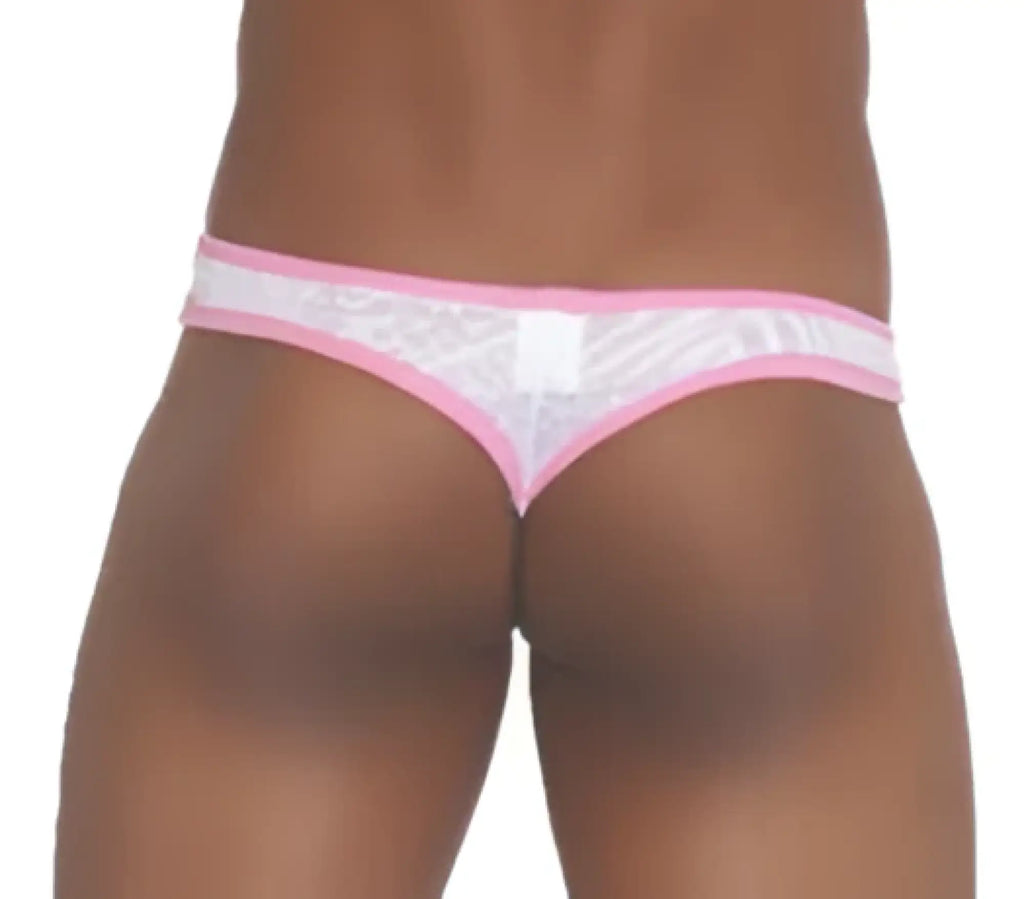 Icker sea devoured brazilian thong underwear in pink and white lace with a sheer patterned design