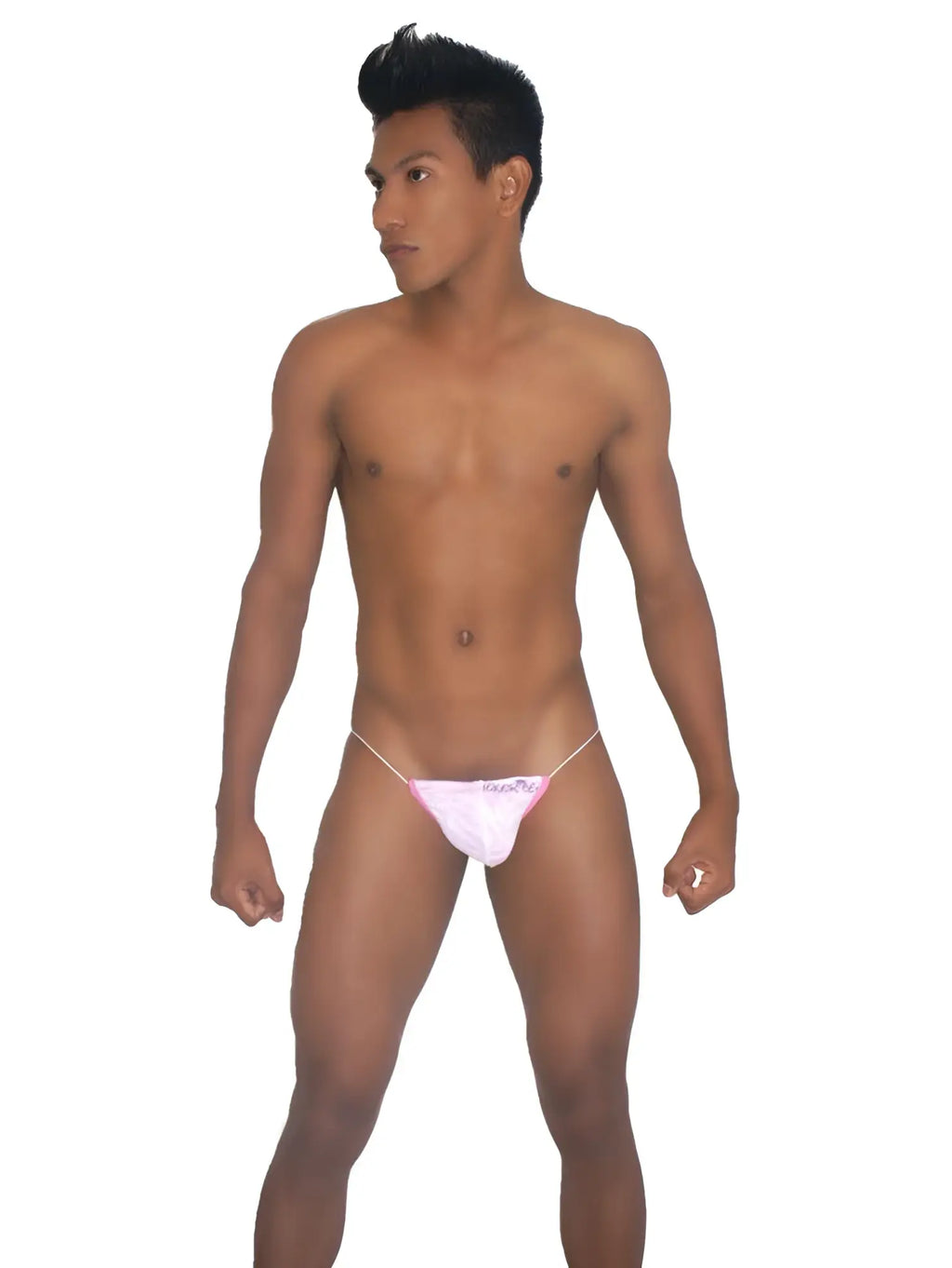 Pink thong underwear with thin white elastic straps and small logo front icker sea devoured micro g string