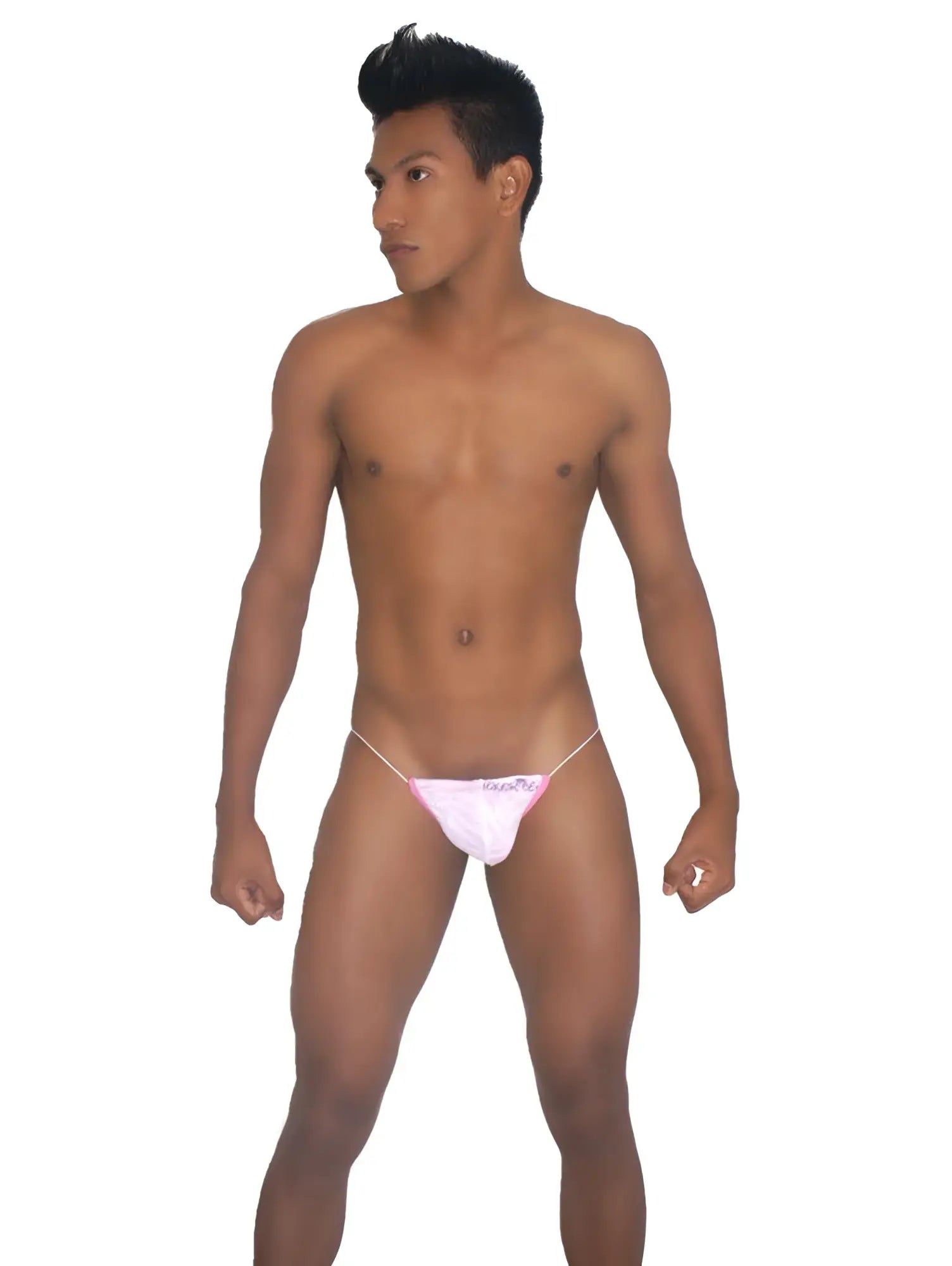 Pink thong underwear with thin white elastic straps and small logo front icker sea devoured micro g string