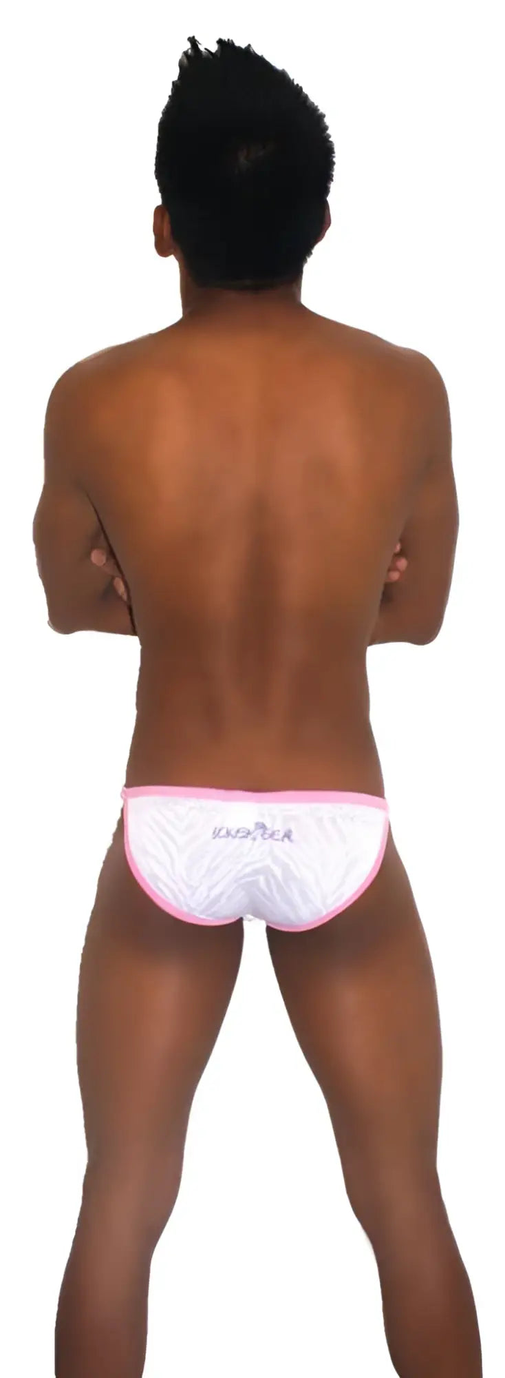 White briefs with pink trim and textured pattern featuring kinky bear embroidery from icker sea devoured micro slip bikini underwear pink white coi 13 04