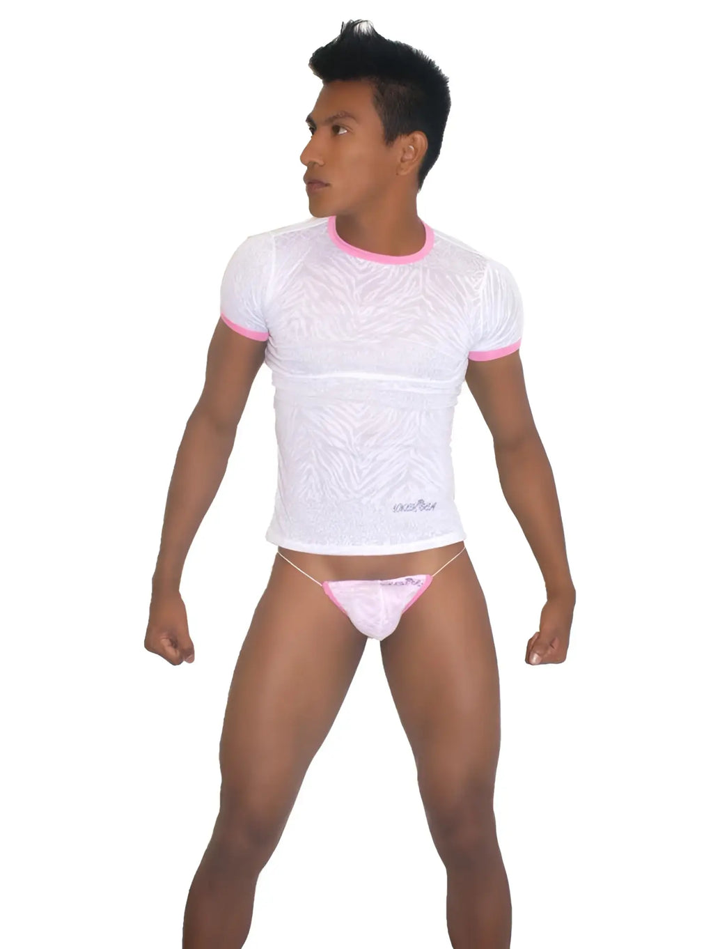 White textured short-sleeve t-shirt with pink trim and matching pink briefs from icker sea devoured collection