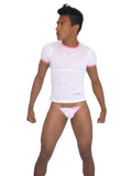 White textured short-sleeve t-shirt with pink trim and matching pink briefs from icker sea devoured collection