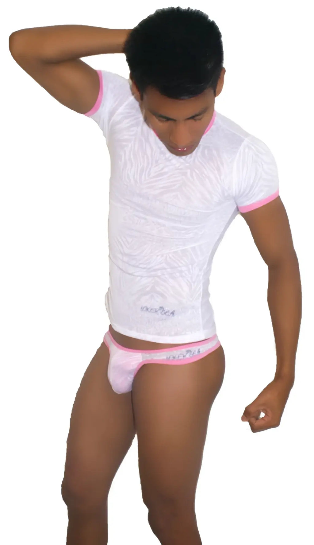 White textured short-sleeved t shirt with pink trim and matching pink underwear featuring subtle logo from Icker Sea