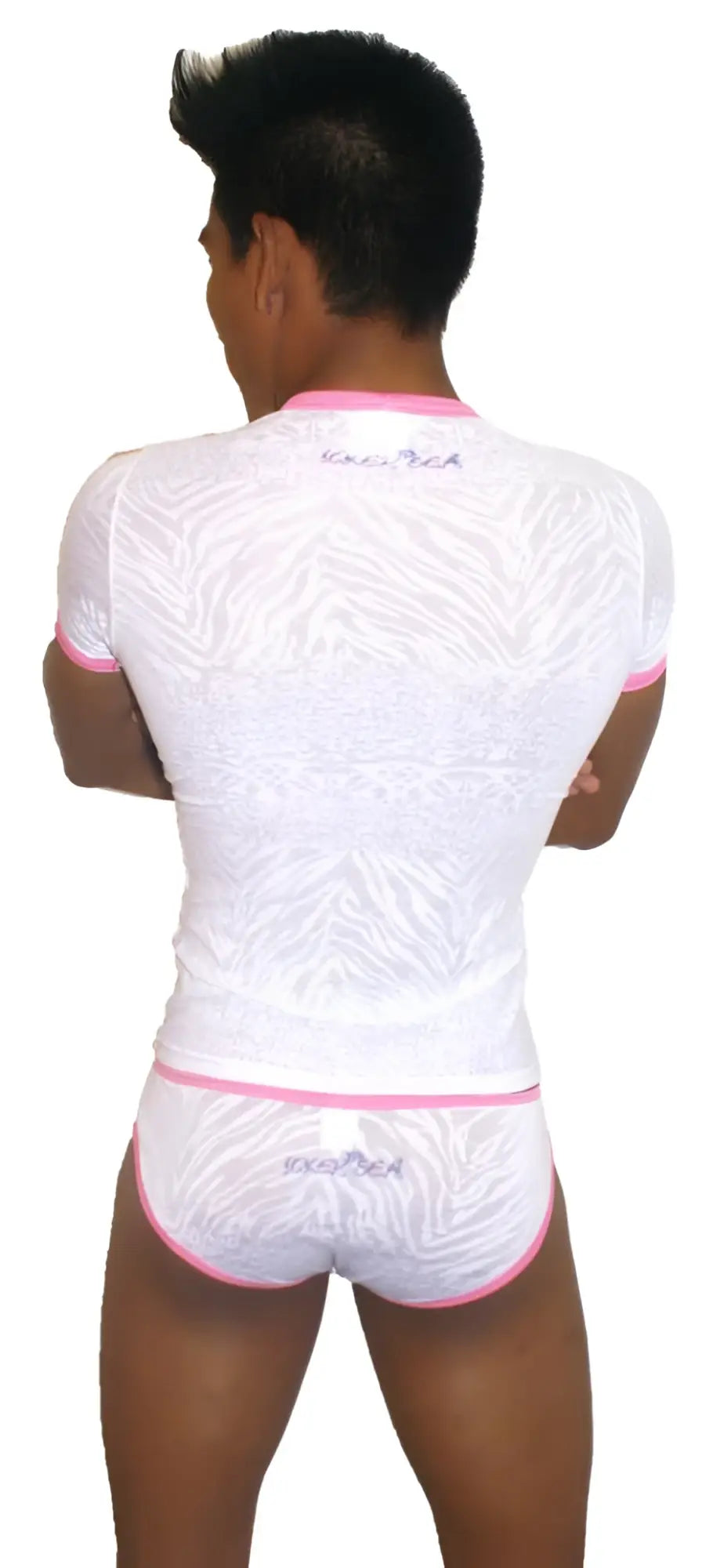Icker Sea Devoured short sleeved shirt and matching briefs in white zebra print with pink trim and subtle shimmer finish