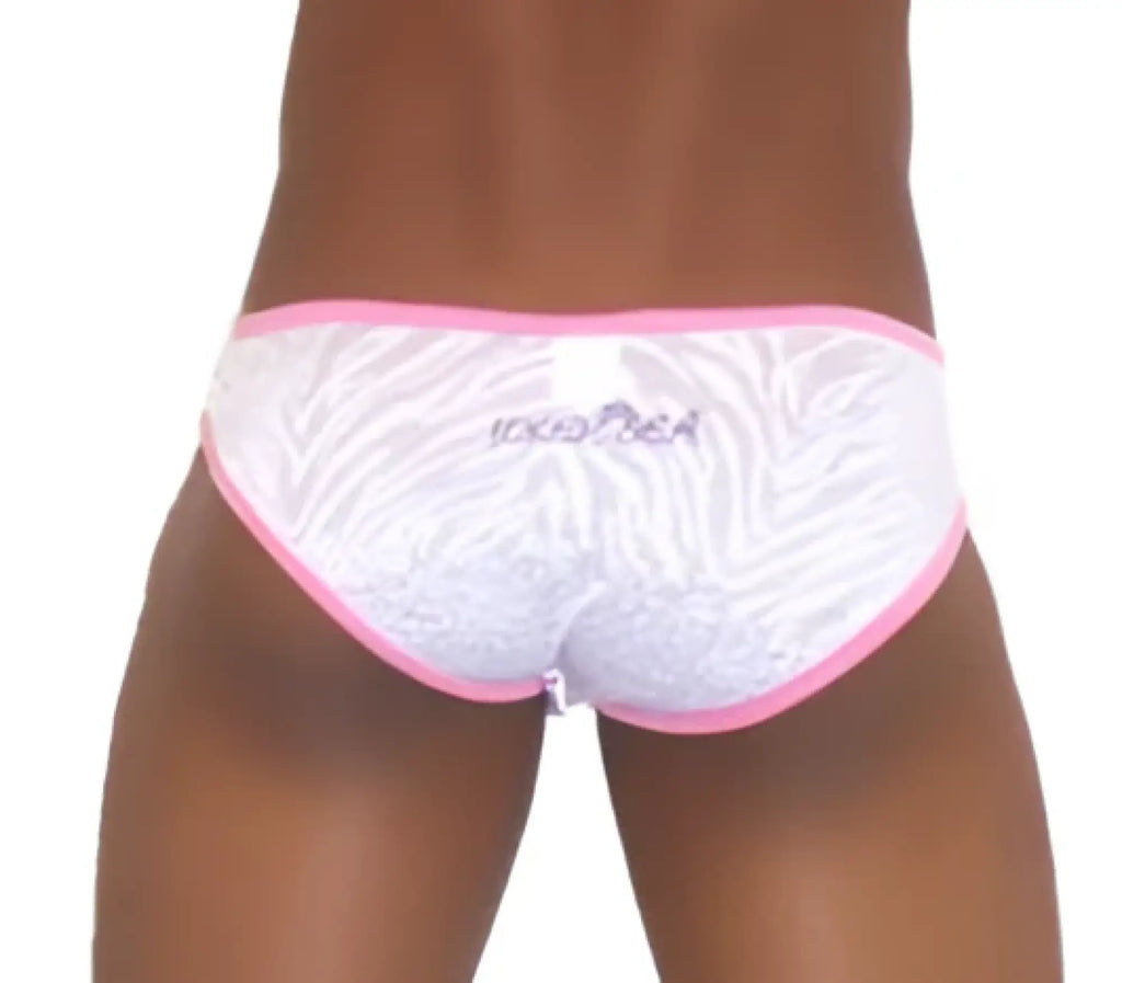 White lace briefs with pink trim and subtle zebra print featuring kissmea embroidery from icker sea devoured slip bikini underwear pink white coi 13 06