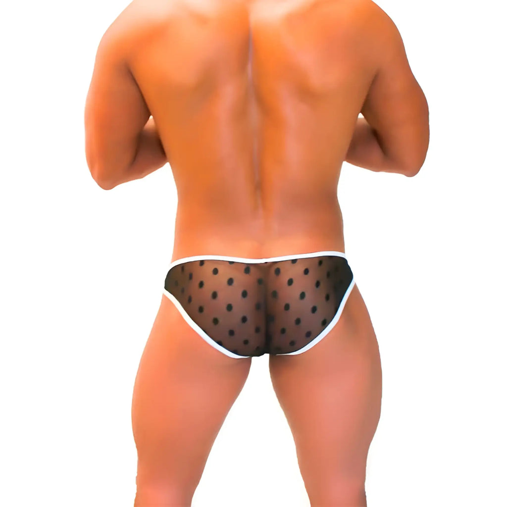 Icker Sea dotted mesh bikini underwear black sheer polka dot briefs with white trim front view