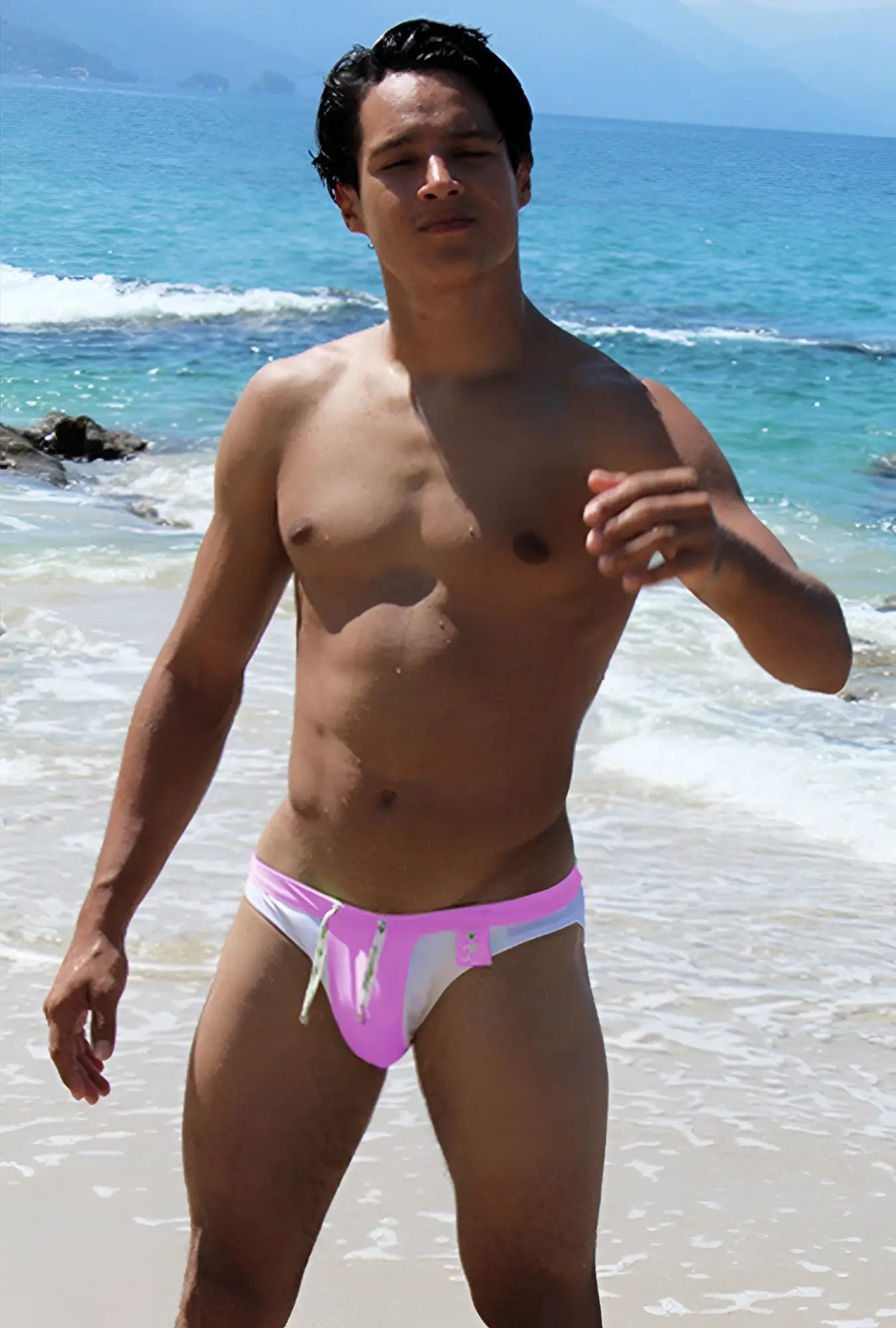 Pink and white swim trunks with zipper detail from icker sea duotone bikini swimwear pink cob-15-22