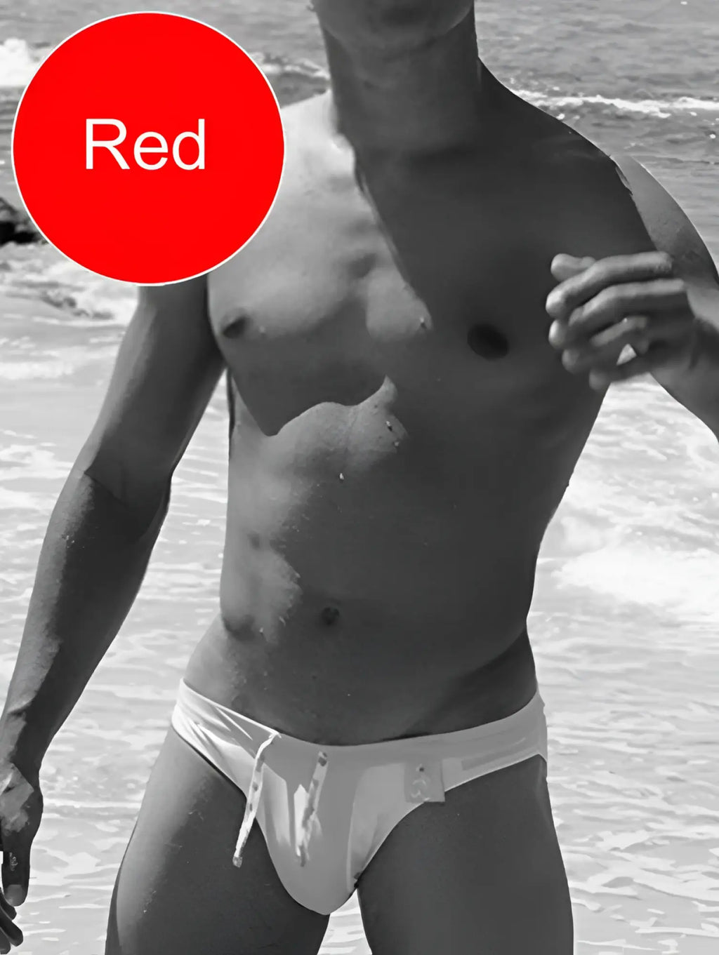 Icker Sea duotone bikini swimwear red white swim trunks with drawstring waistband and small side logo