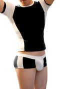 Black and white striped athletic short-sleeved top with black velvet chest panel in icker sea duotone boxer brief underwear