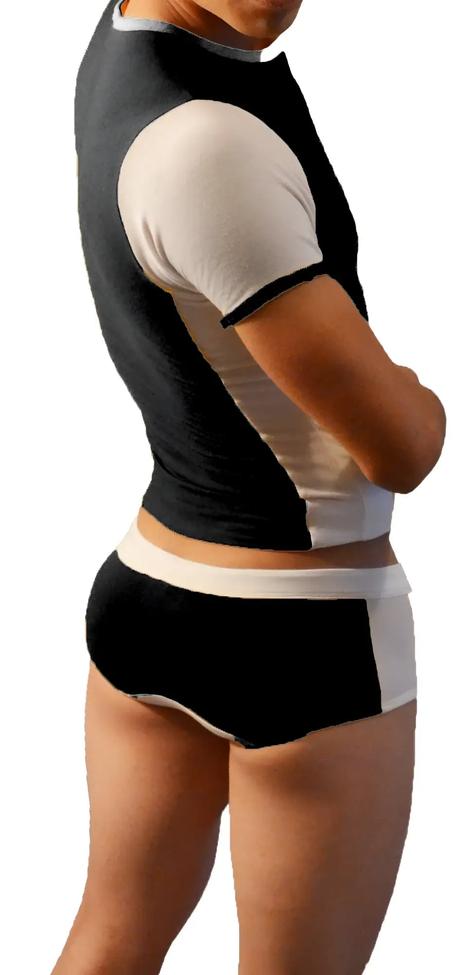 Icker Sea duotone black and white two-piece athletic t shirt and boxer brief set with contrasting panels for activewear