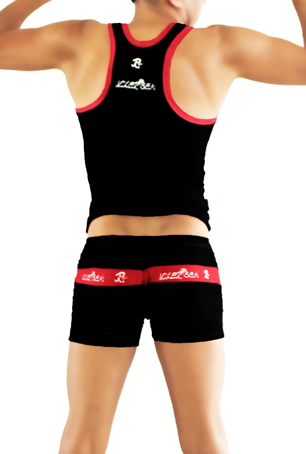 Black and red scherzen branded tank top with contrasting trim in icker sea duotone matching set cor-16-01