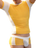 Yellow and white two-tone Icker Sea duotone short sleeved athletic t shirt with raglan sleeves and matching briefs mango I-150