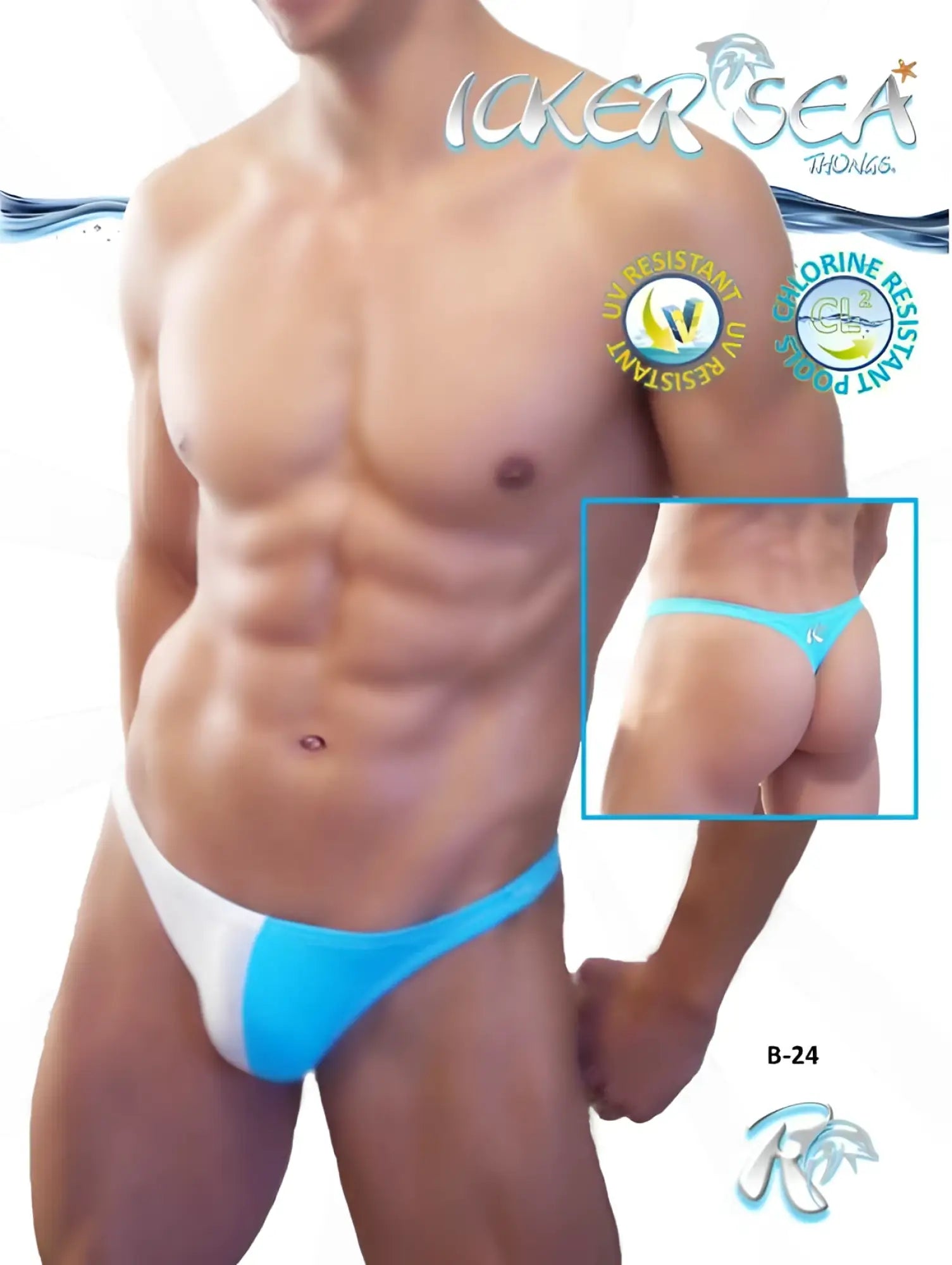 Icker Sea duotone thong swimwear in bright blue and white with a sleek two-tone design perfect for beachwear