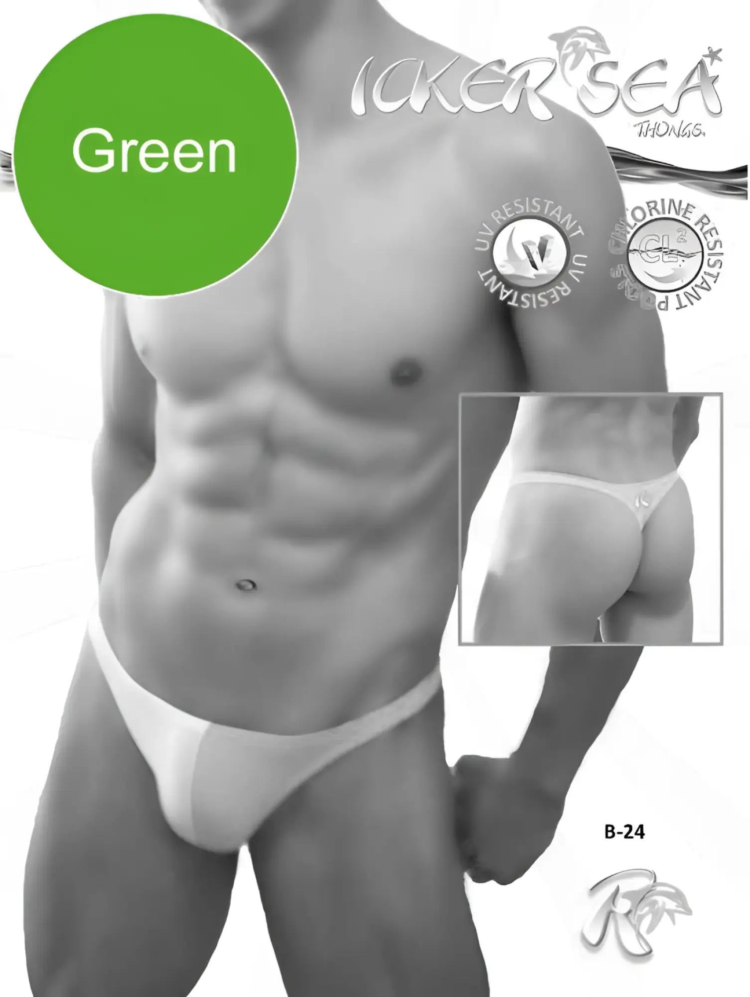 White thong swim trunks by icker sea in green and white featuring sleek design with uv and chlorine resistance