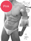 Pink men’s thong swimwear from licker sea with minimalist duotone design in pink and white front view