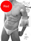 Red men’s thong by icker sea with minimalist design thin straps contoured cut in red and white for swimwear use