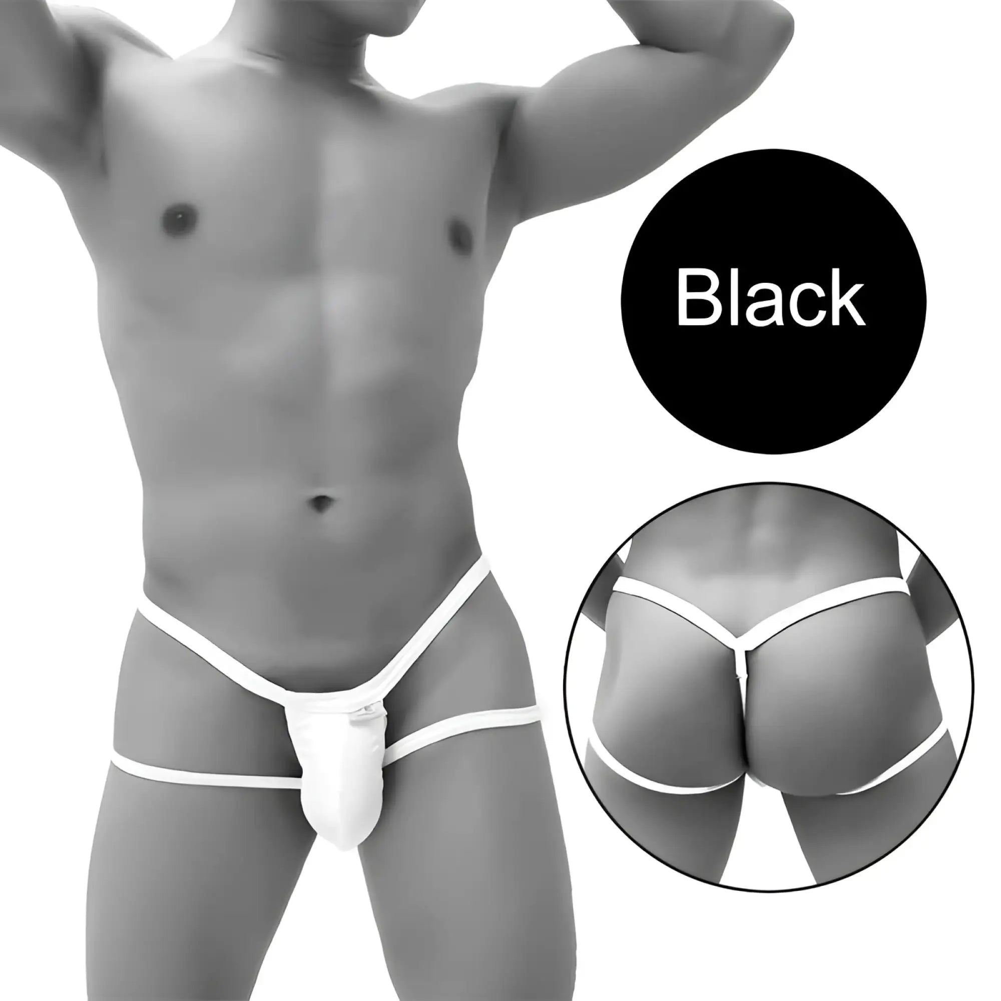 Black and white icker sea enhancement micro jock thong underwear with supportive contoured design back view
