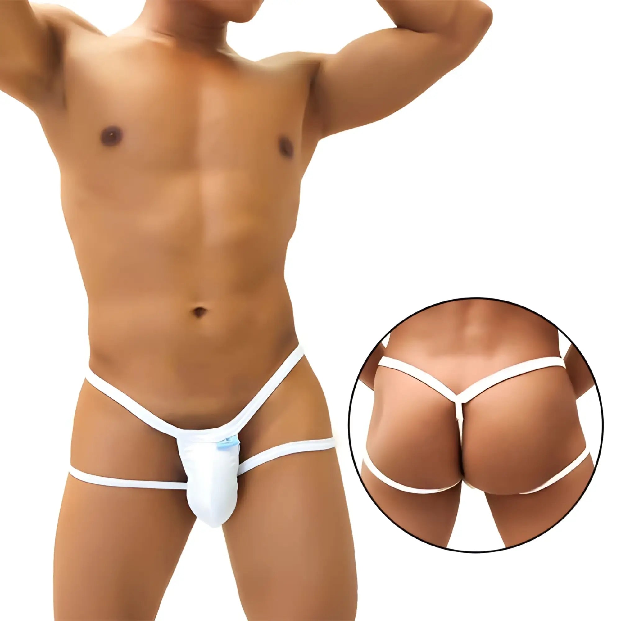 White icker sea enhancement micro jock thong underwear with supportive design and small blue tag at the front
