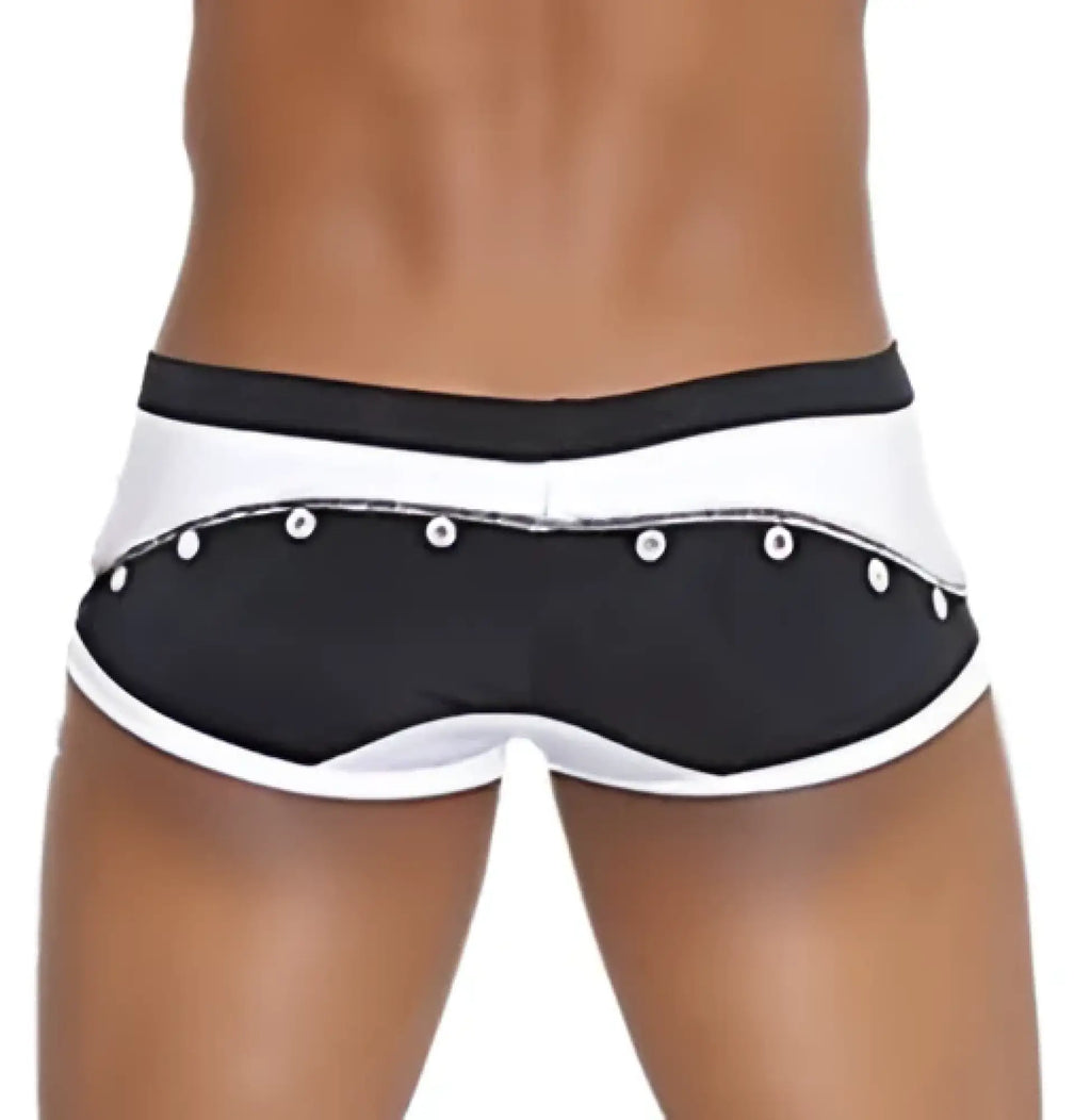 Black and white Icker Sea Eyelets square cut trunk swimwear with silver studs along the side seam