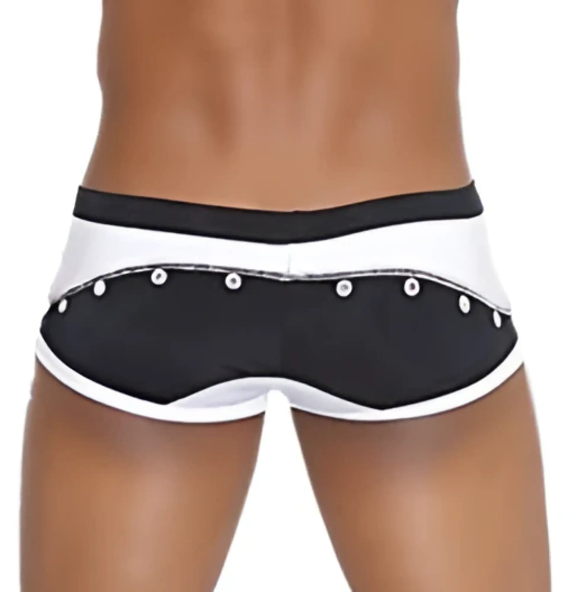 Black and white Icker Sea Eyelets square cut trunk swimwear with silver studs along the side seam