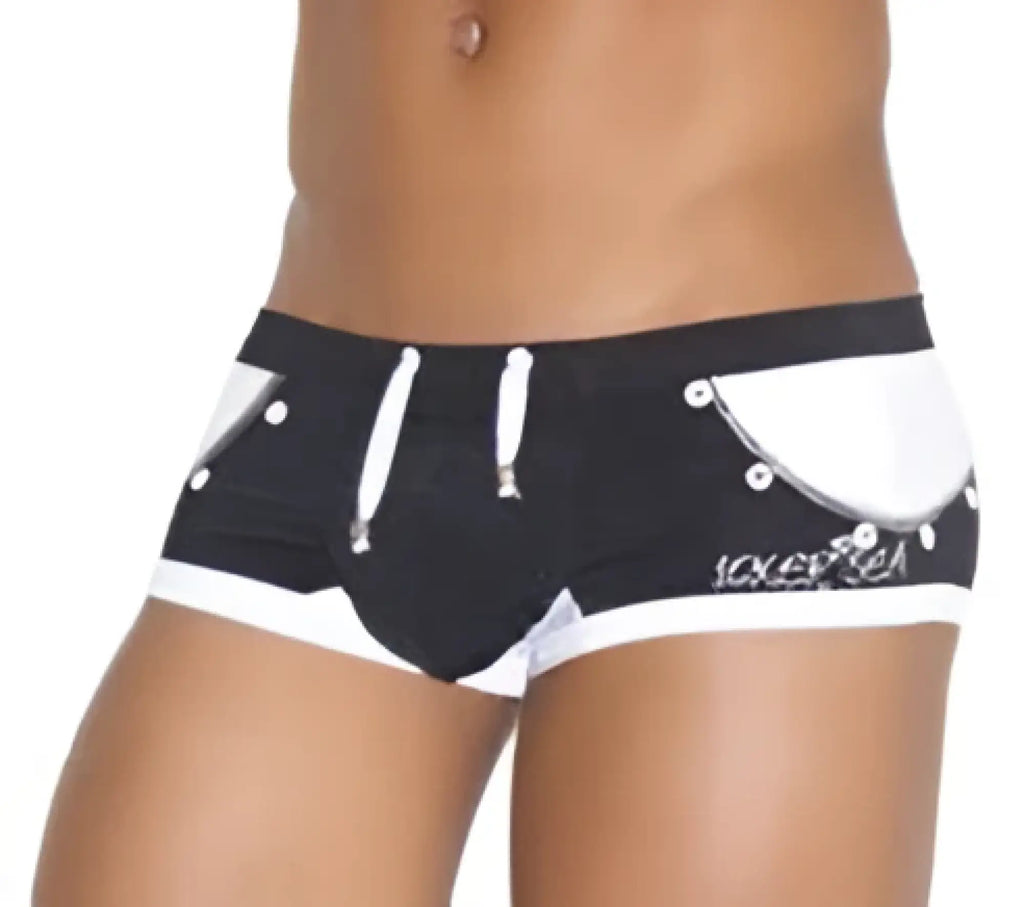 Icker Sea eyelets square cut trunk swimwear in black with white drawstrings and silver rivet details on sides