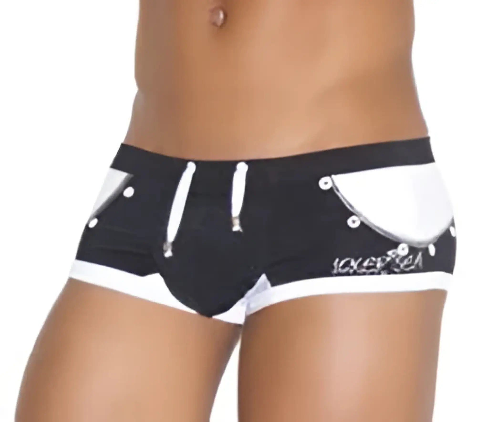 Icker Sea eyelets square cut trunk swimwear in black with white drawstrings and silver rivet details on sides