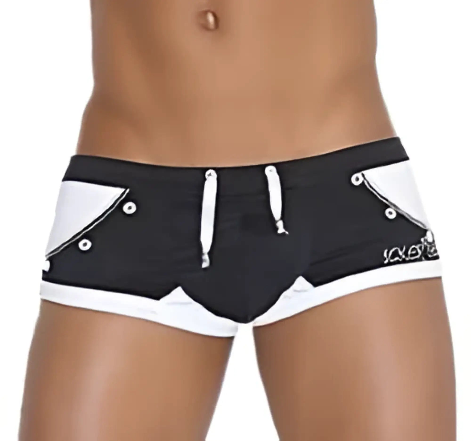 Icker sea eyelets square cut trunk swimwear in black with distinctive buttoned design on the sides
