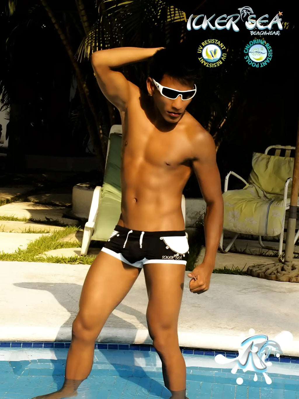 Black and white icker sea eyelets square cut trunk swimwear with logo on left leg for swimming and beachwear