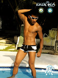 Black and white icker sea eyelets square cut trunk swimwear with logo on left leg for swimming and beachwear